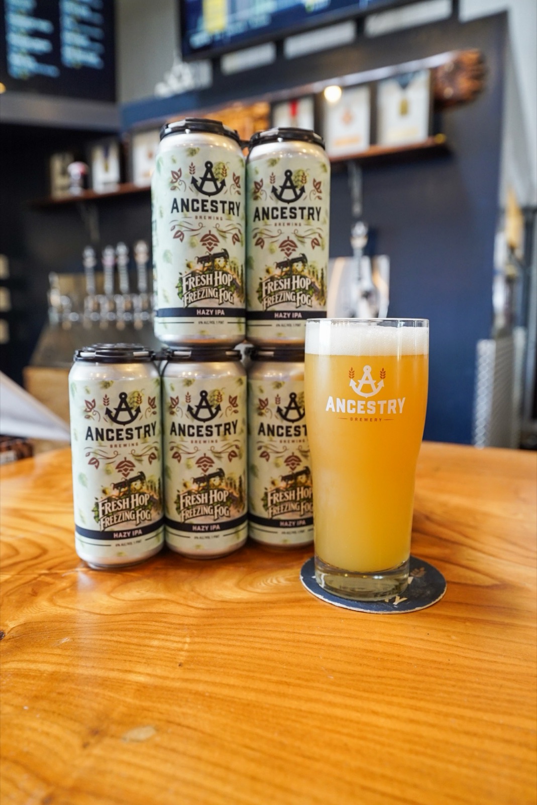 Fresh Hop Freezing Fog pint and cans on the bar