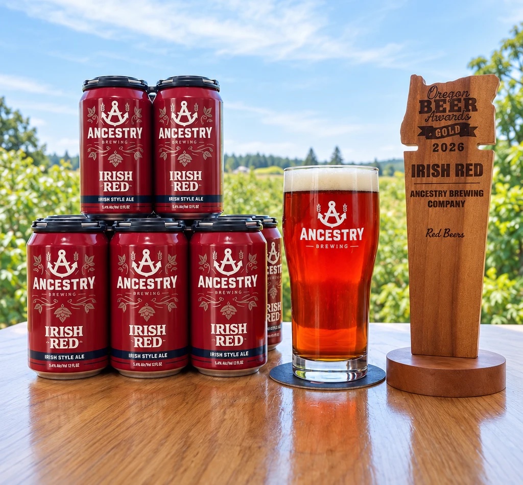 Irish Red Ale cans, a pint and the award trophy